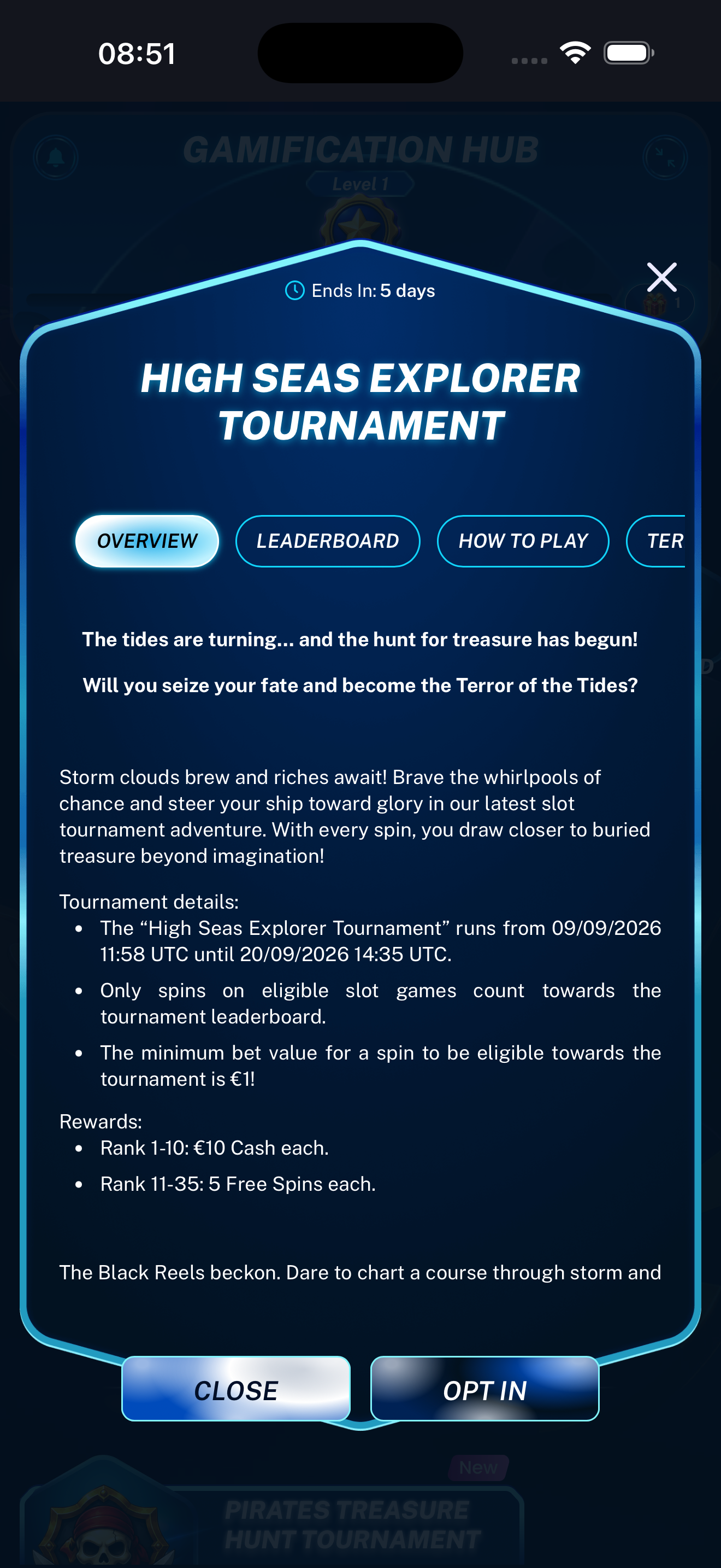 Tournament Overview tab displayed on a mobile phone